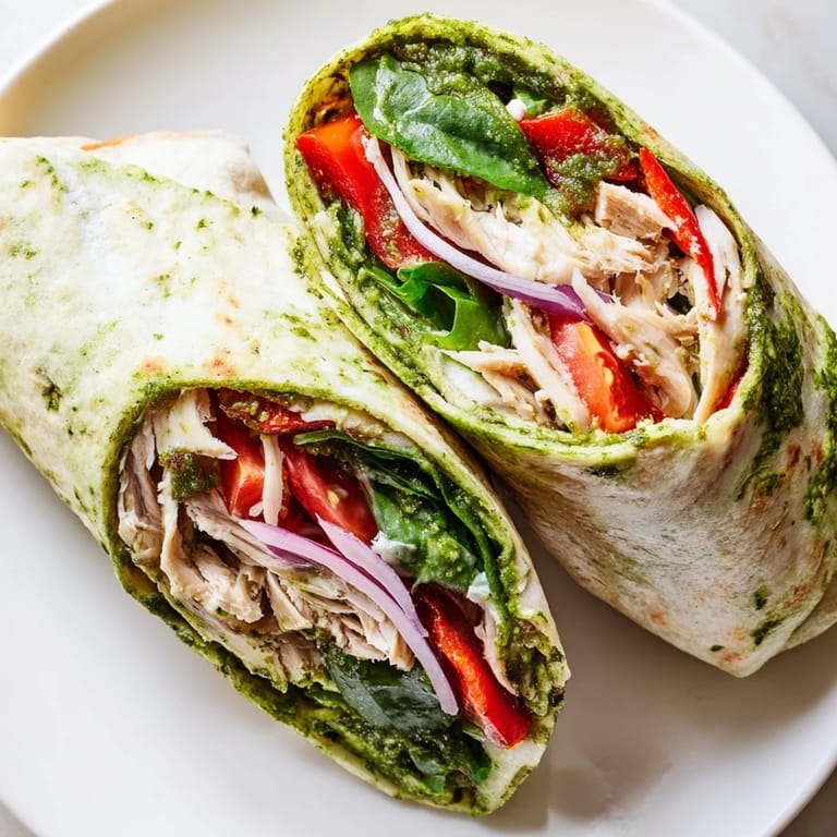 A cross-section of a delicious Pesto Chicken Wrap, showing the tender chicken and flavorful pesto filling.