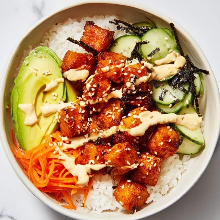 Enjoy a nutritious Salmon Bites Bowl: crispy salmon served with vibrant vegetables and spicy mayo.