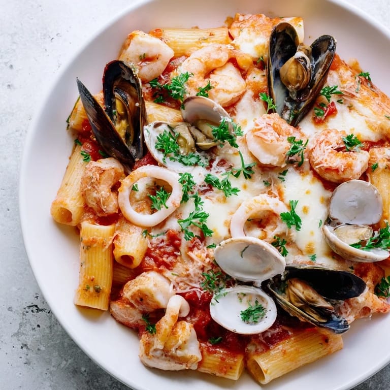 Golden, cheesy Seafood Pasta Bake, a satisfying casserole with tender seafood and creamy sauce.