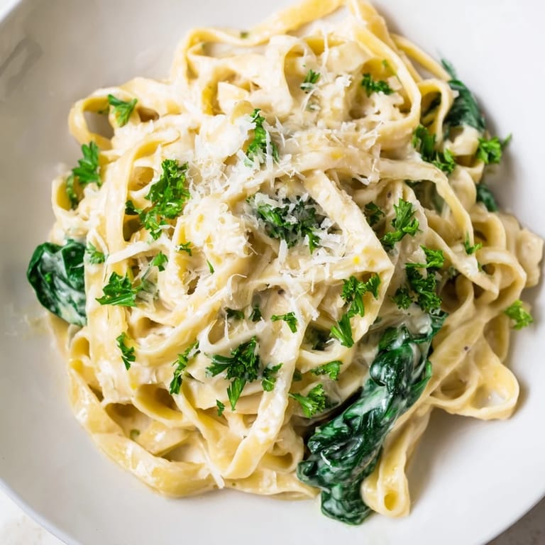 A bowl of Creamy Spinach Fettuccine Alfredo, perfect for a cozy dinner, is garnished with Parmesan and parsley.