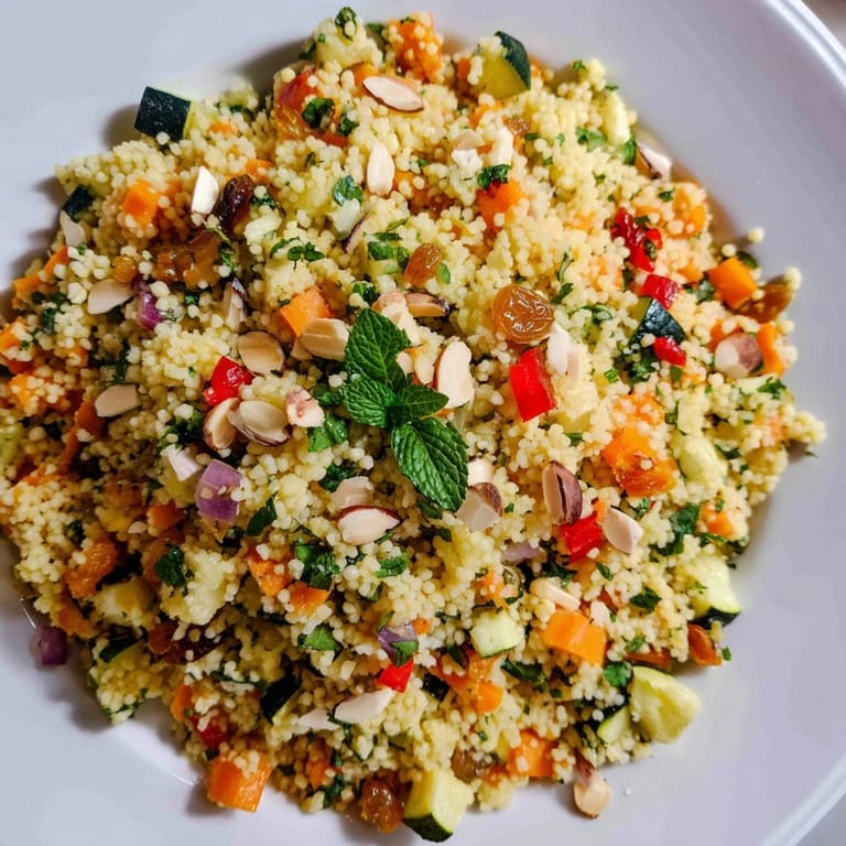 A colorful close-up of the Moroccan Couscous Salad, showcasing the juicy roasted vegetables.