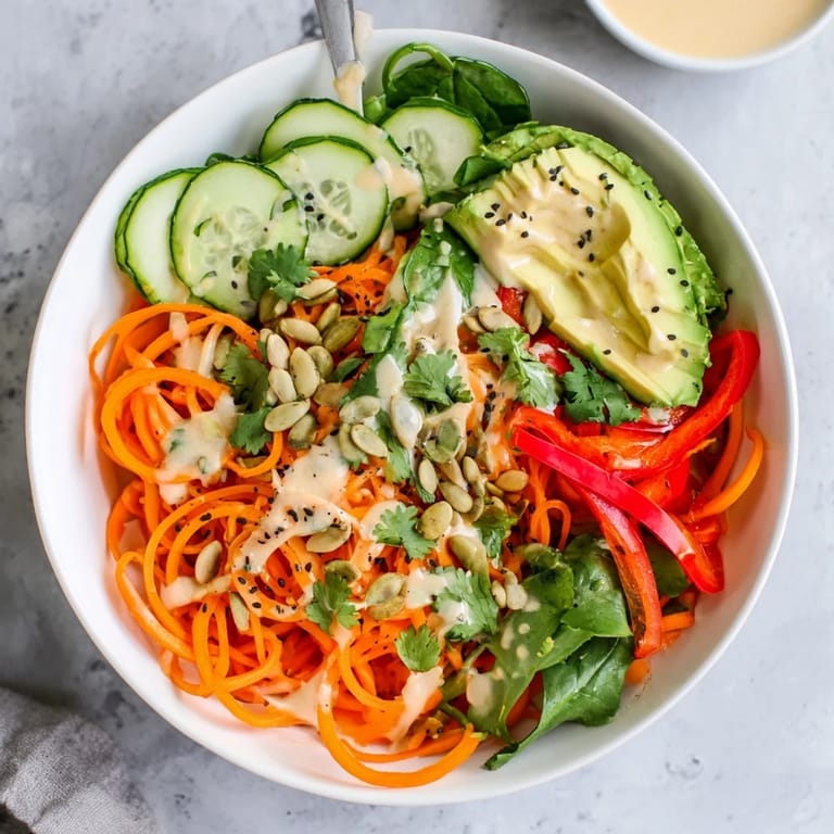 Bright overhead shot of a Carrot Noodle Skincare Bowl, showcasing colorful spiralized carrots, red bell pepper, cucumber, and toasted sesame seeds on a rustic wooden table.