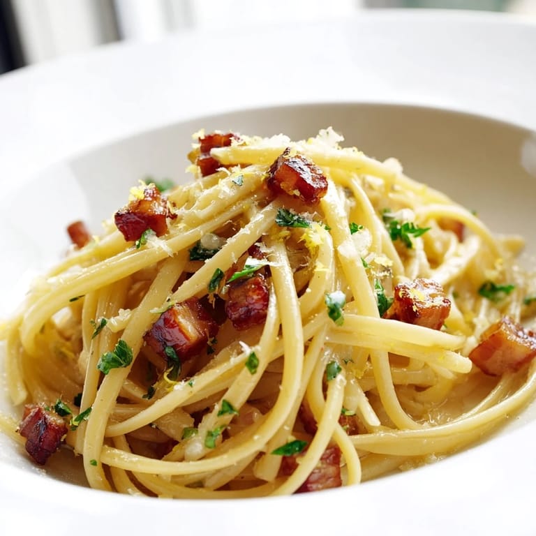 Hearty Crispy Bacon Linguine served with fresh parsley and a wedge of lemon for brightness.  