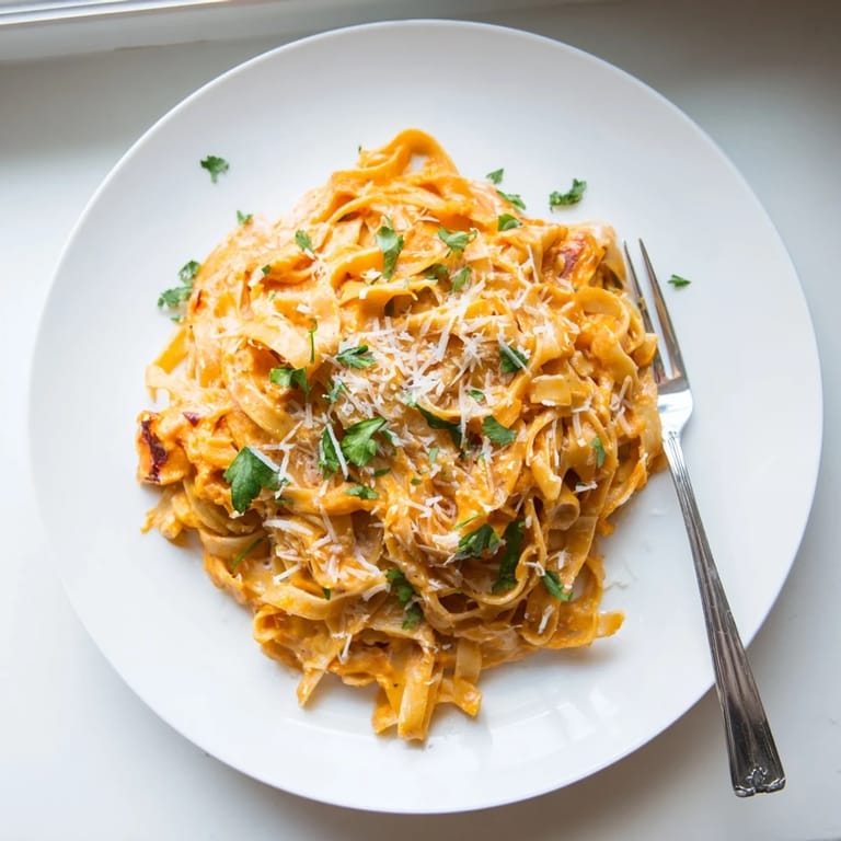 A skillet of silky butternut squash pasta sauce coats tender fettuccine, garnished with fresh parsley and a light dusting of Parmesan cheese for a cozy meal.