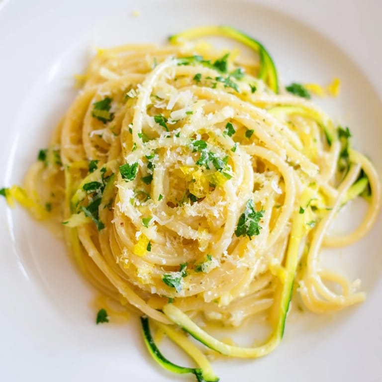 A close-up of vibrant Lemon Zucchini Pasta, twirled on a fork with visible Parmesan and fresh herbs.