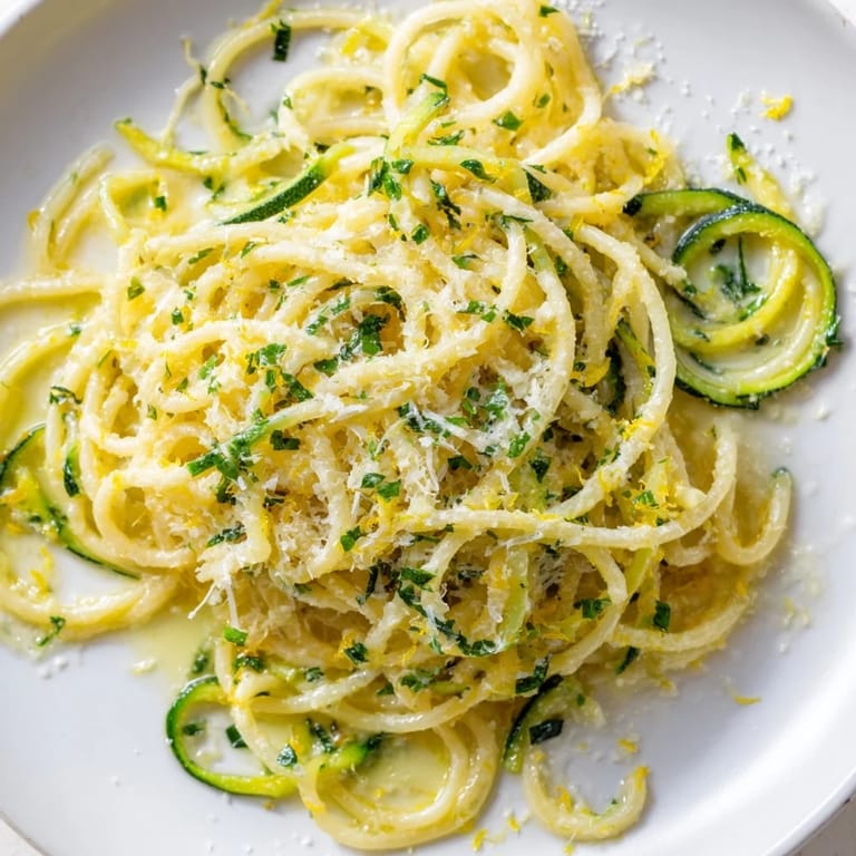 Steaming Lemon Zucchini Pasta featuring al dente spaghetti and spiralized zucchini coated in a glossy lemon butter sauce.  