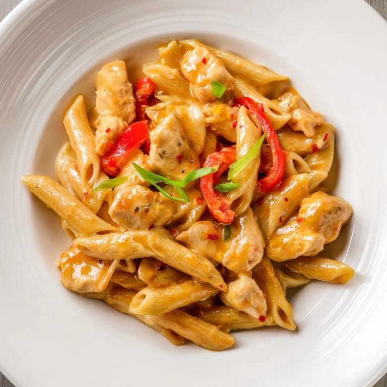 A close-up of Sweet Chili Chicken Pasta with sliced red bell peppers and spring onions on a rustic plate.  