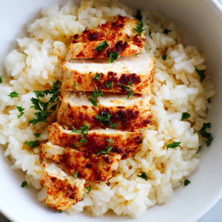 Savory Garlic Butter Rice features tender grains infused with herbs, crowned with juicy sliced grilled chicken for a hearty meal.  