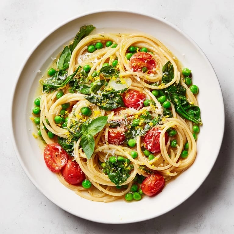 The finished Spring Veggie One-Pot Spaghetti, steamy and colorful, ready to be served for an easy weeknight meal.