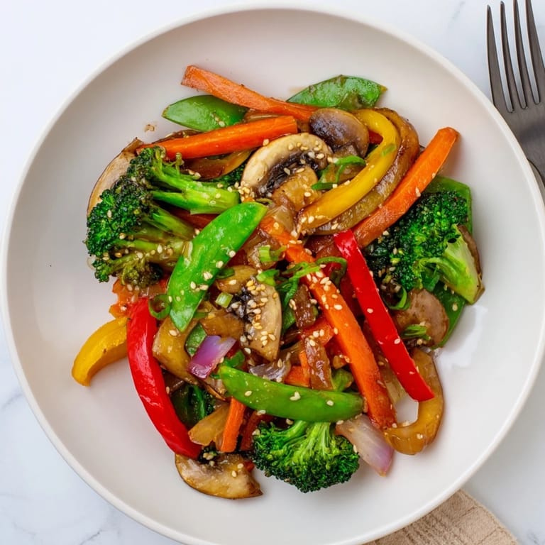 Fresh ginger stir-fried vegetables on a rustic plate, showing tender mushrooms, bright carrots, and snap peas tossed in a glossy ginger-soy sauce.