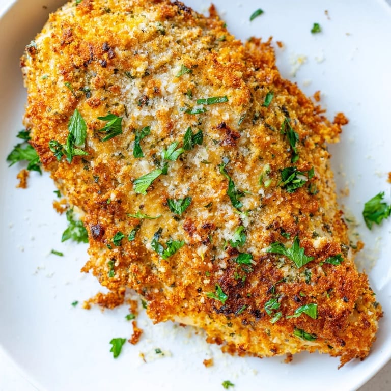 Juicy baked chicken breasts coated in a garlic butter and Parmesan crust, garnished with fresh parsley.