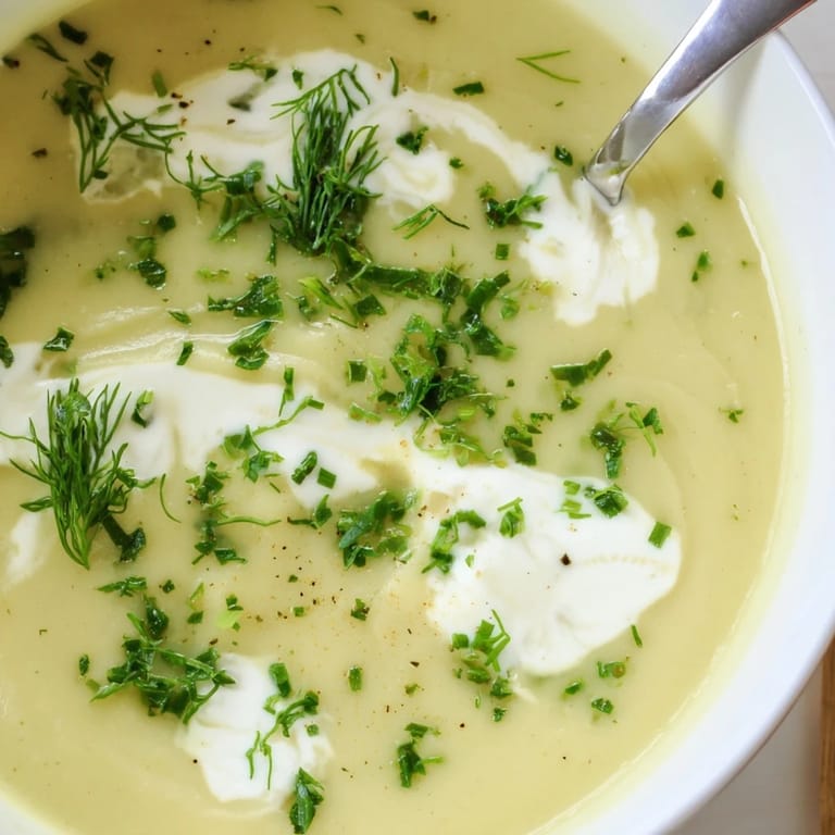 A velvety parsnip and herb soup served with crusty bread on a wooden table, steam rising.
