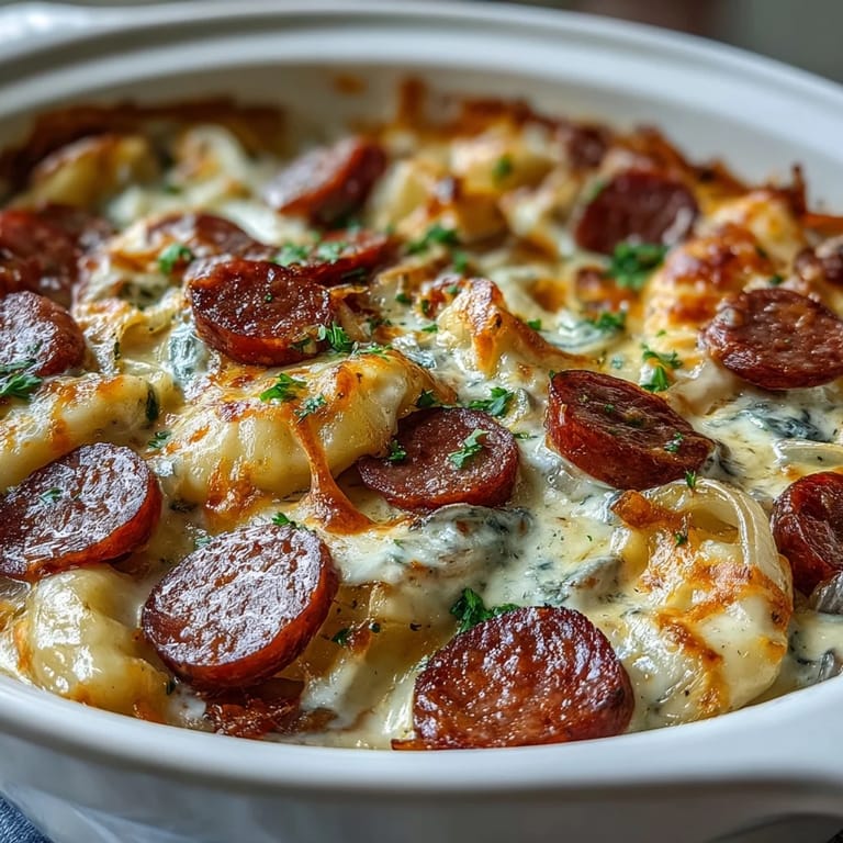 Golden brown and bubbling from the crockpot, this Crockpot Pierogi Casserole With Kielbasa is ready to serve.