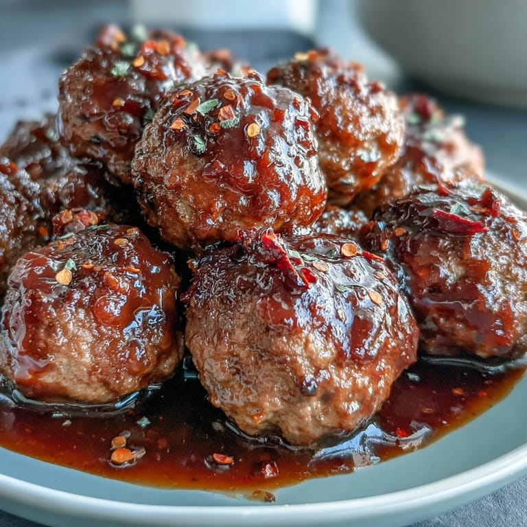 A serving of Slow Cooker Peach Glazed Meatballs garnished with fresh parsley, highlighting the sticky, sweet, and savory glaze.