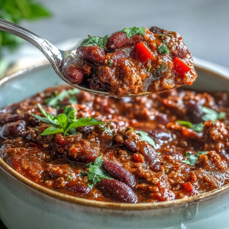 Thick, hearty slow cooker chili with ground beef and beans simmering in a rich, spiced tomato sauce.