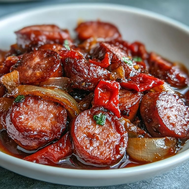 A ladle scoops rich, smoky broth with tender sausage pieces and red bell peppers from the slow cooker.