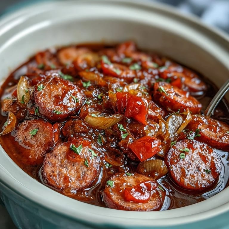 Savory Crock Pot BBQ Cocktail Sausage Soup served steaming hot over rice, with barbecue sauce and herbs nearby.