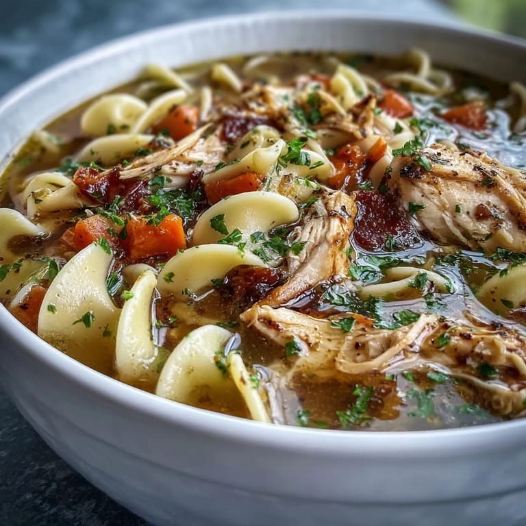 Fresh parsley garnishes this hearty Instant Pot Chicken Noodle Soup, served in a rustic bowl for a cozy weeknight meal.
