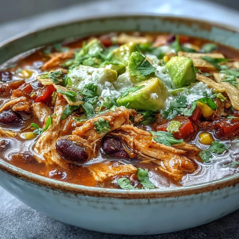 A ladle of Instant Pot Chicken Tortilla Soup reveals tender chicken, black beans, and corn in a rich broth.