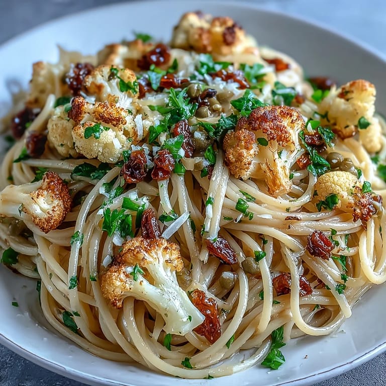 Plated Italian pasta dish featuring tender cauliflower, rich anchovy sauce, and sweet raisins for a low-calorie meal.