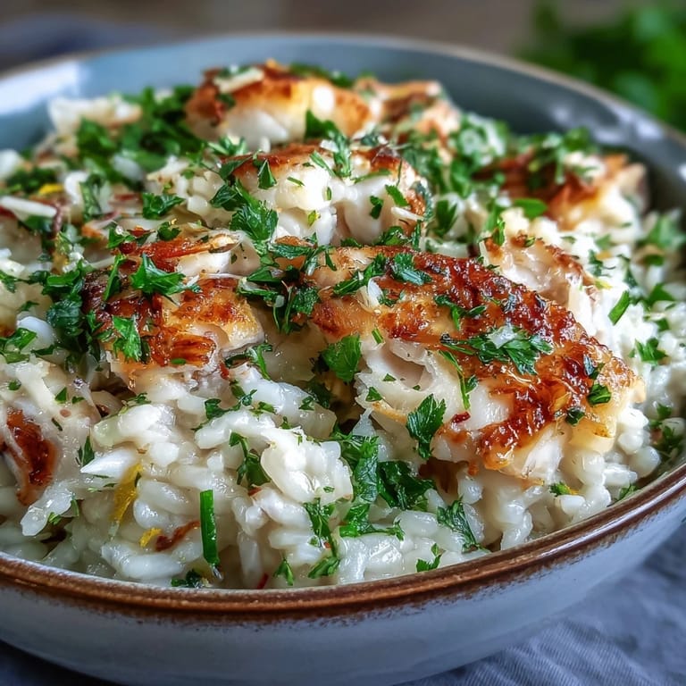 Golden Smoked Haddock Risotto sits in a rustic bowl, garnished with grated Parmesan and fresh herbs for a comforting meal.