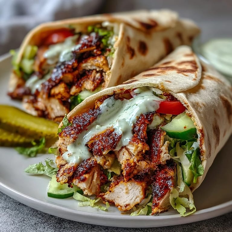 Close-up view of marinated grilled chicken shawarma, topped with creamy garlic sauce, fresh lettuce, and sliced vegetables on pita.