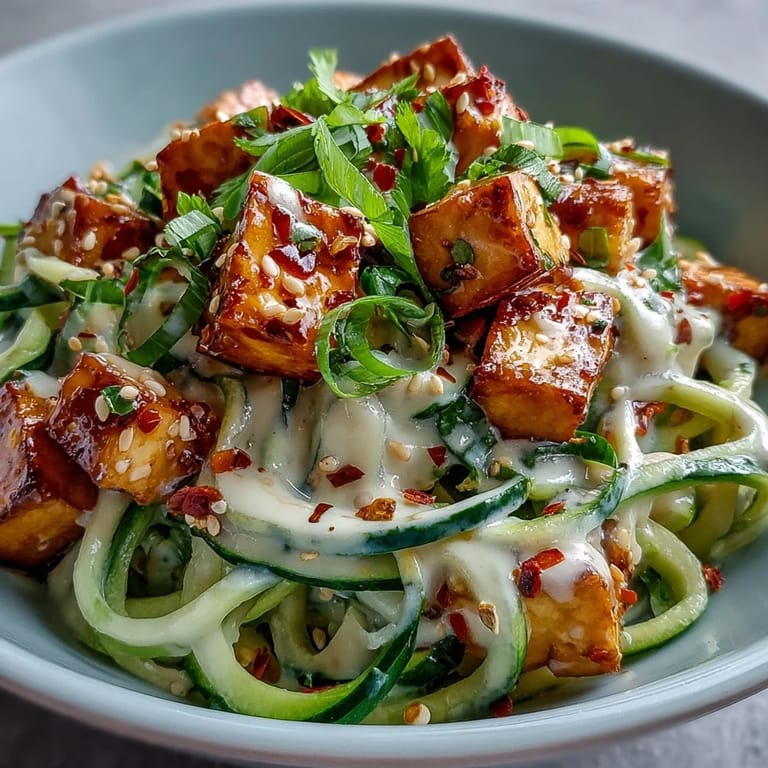 A colorful overhead view of chilled noodles, julienned cucumbers, and a drizzle of chili crisp.