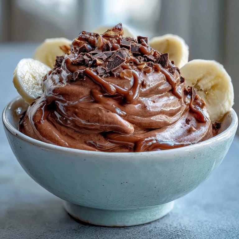 A creamy Vegan Chocolate Banana Nice Cream with Almond Butter is swirled with chopped toasted almonds and sliced fresh banana.