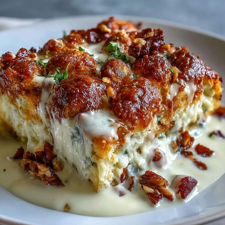 Close-up view of Keto Chicken Cordon Bleu Casserole revealing layers of creamy sauce, tender chicken, and melted Swiss.