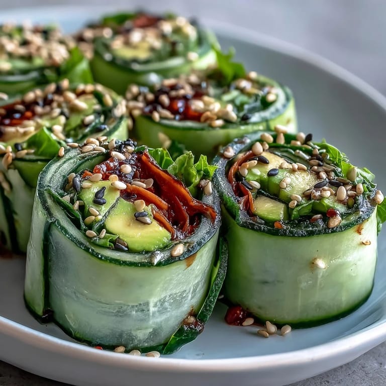 Close-up of Light Cucumber Avocado Rolls with Sesame showing creamy avocado filling and crisp cucumber spirals ready to be eaten.