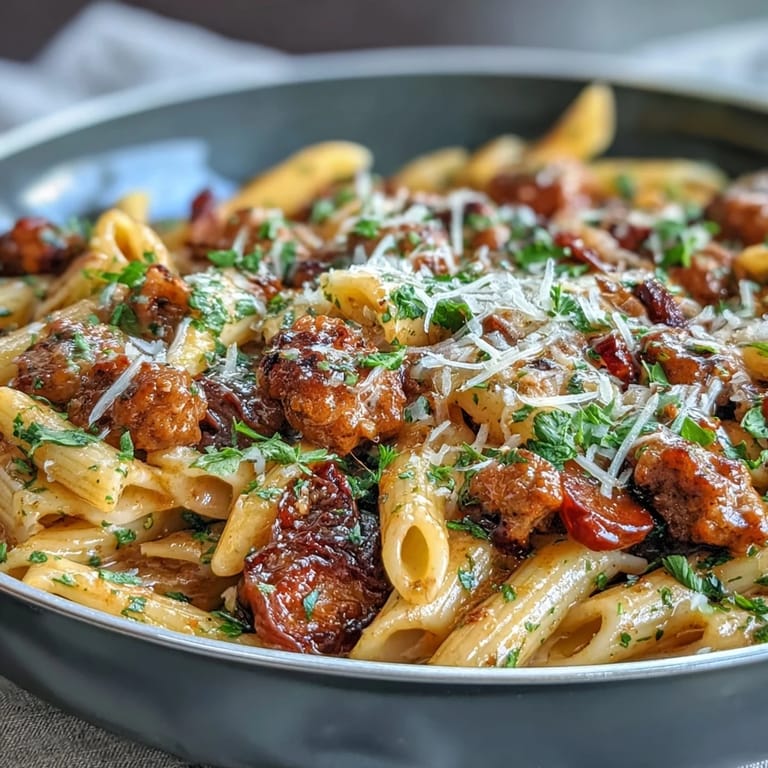 Sizzling Italian sausage and colorful bell peppers simmer in red wine, creating a hearty one-pot creamy red wine sausage pasta.