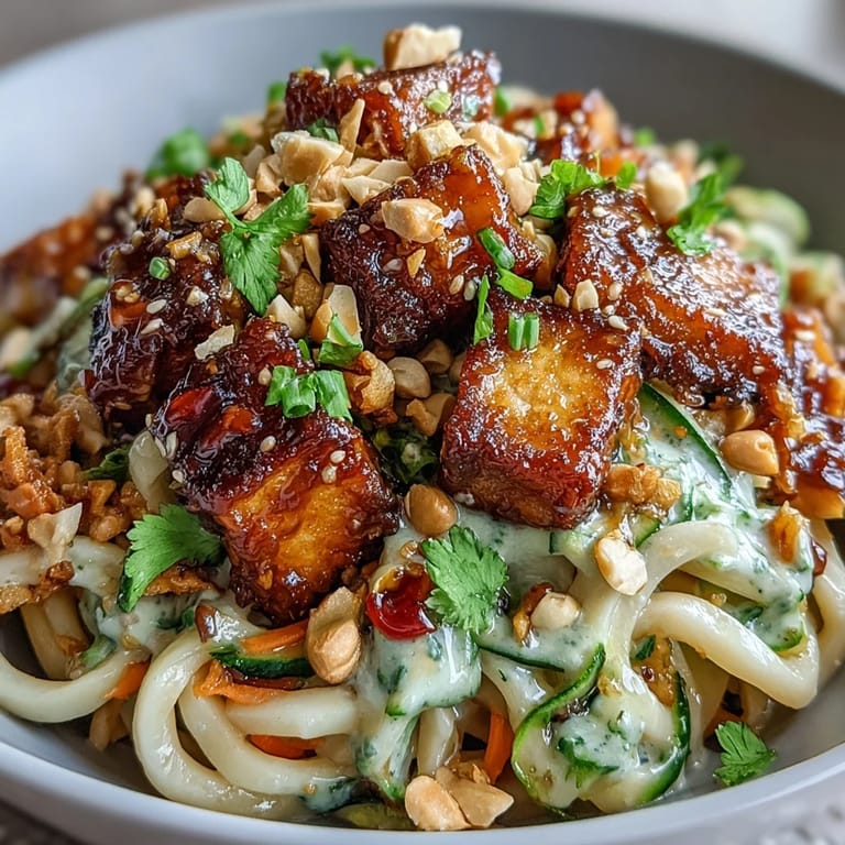 Vibrant, creamy cucumber salad tossed with cold noodles and tofu, drizzled with a spicy chili crisp sauce.