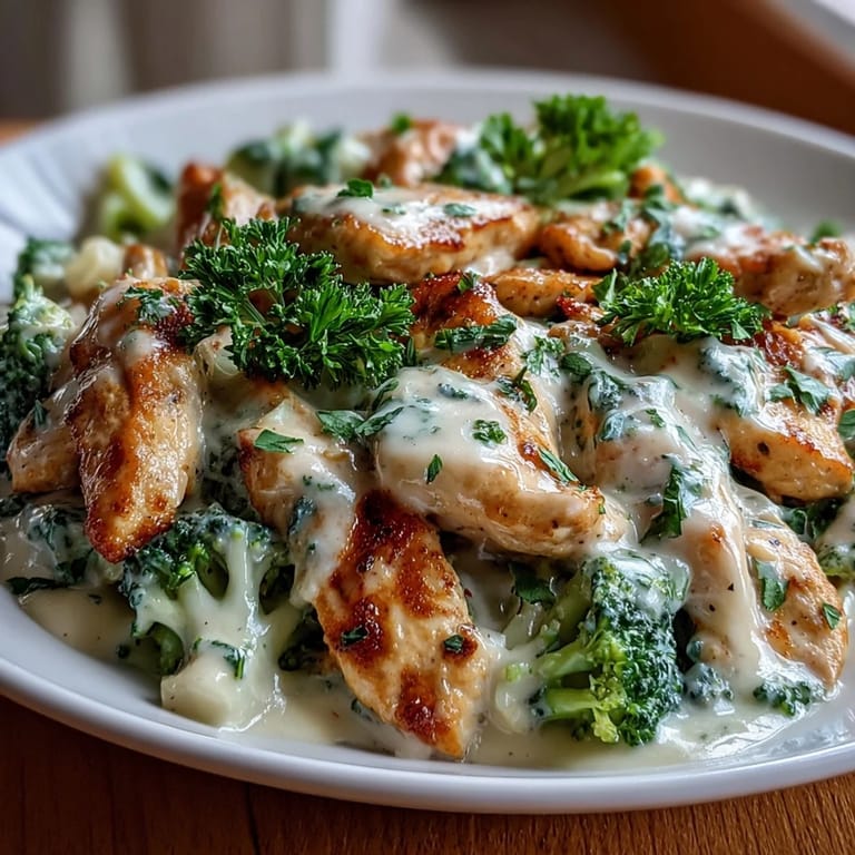 Tender chicken strips and rich Alfredo sauce poured over fresh broccoli instead of pasta for a low-carb meal.  