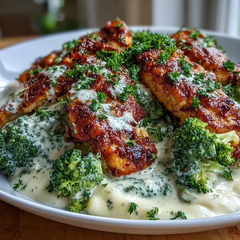 Creamy, cheesy Chicken Alfredo with steamed broccoli, garnished with parsley for a satisfying keto-friendly dinner.