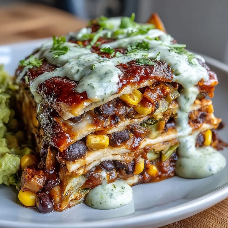 Hearty vegan black bean enchilada casserole with tender corn tortillas, colorful veggies, and zesty avocado topping.  