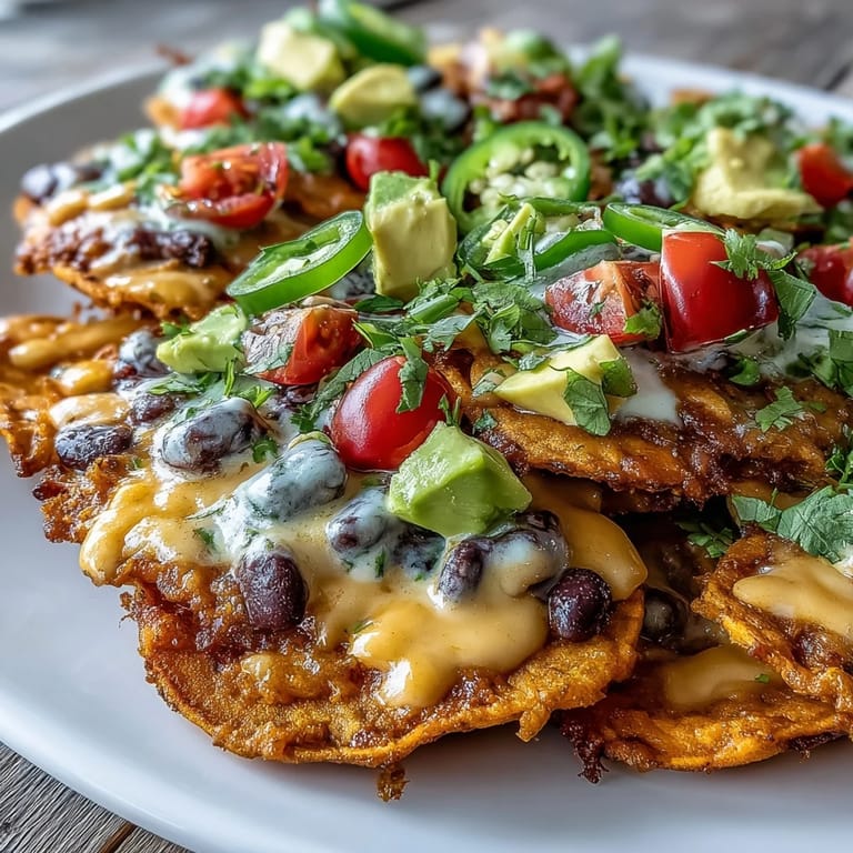 Wholesome vegan sweet potato nachos piled high with spiced black beans and zesty cashew queso, perfect for sharing at gatherings.  