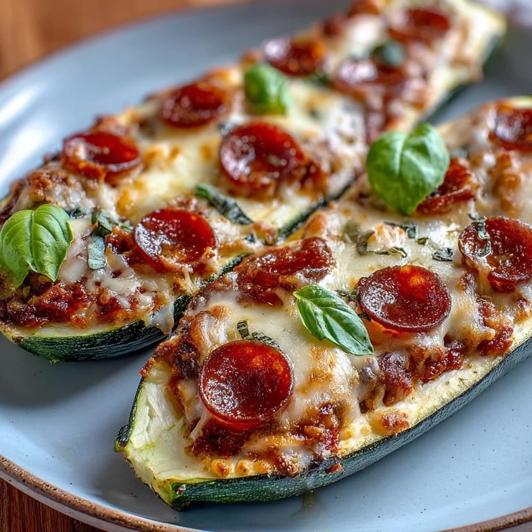 Keto Pepperoni Zucchini Pizza Boats with Mozzarella Melt: low-carb zucchini boats baked until golden, topped with savory pepperoni and bubbling mozzarella cheese.