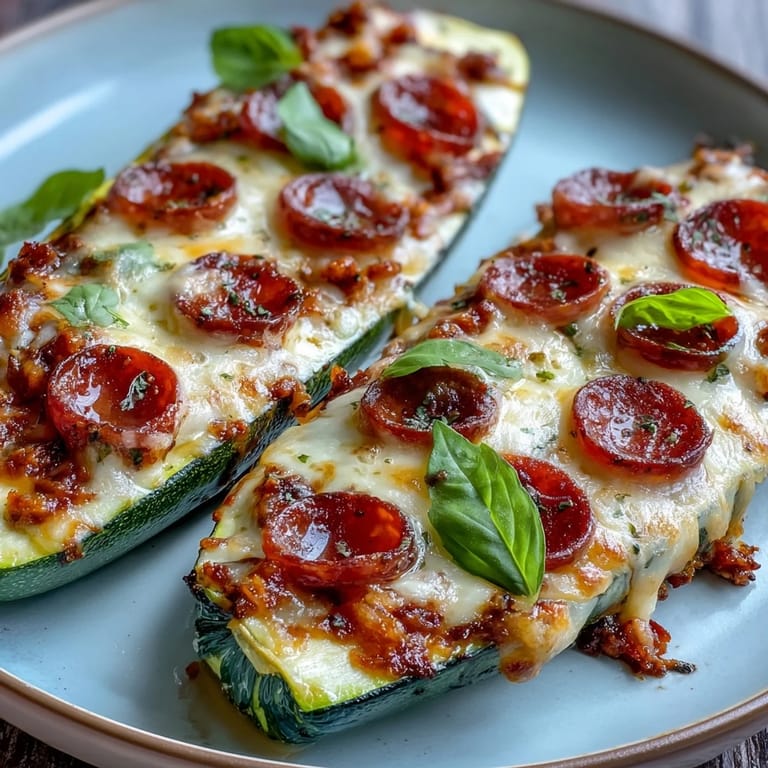 Keto Pepperoni Zucchini Pizza Boats with Mozzarella Melt: fresh zucchini stuffed with rich tomato sauce, gooey mozzarella, and spicy pepperoni for a keto-friendly pizza fix.