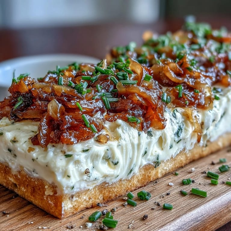 Rich and savory Caramelized Onion Butter Board, featuring silky onions blended into softened butter, garnished with fresh herbs and sea salt.  