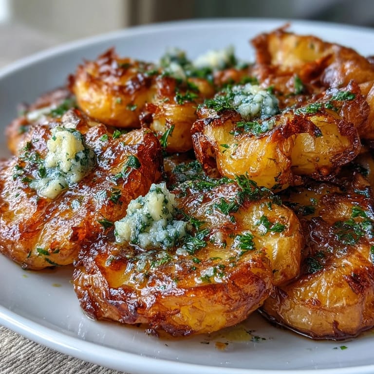 Golden roasted smashed potatoes with crispy edges, topped with aromatic garlic oil and fresh parsley, served on a rustic baking sheet.