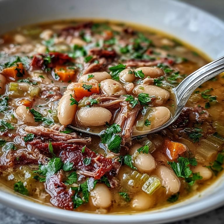 Hearty White Bean and Ham Hock Soup, garnished with fresh parsley, served alongside crusty bread for a comforting Southern meal.  