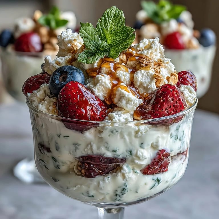A vibrant parfait featuring cottage cheese, mixed berries, and granola, topped with honey for a satisfying and protein-packed morning treat.