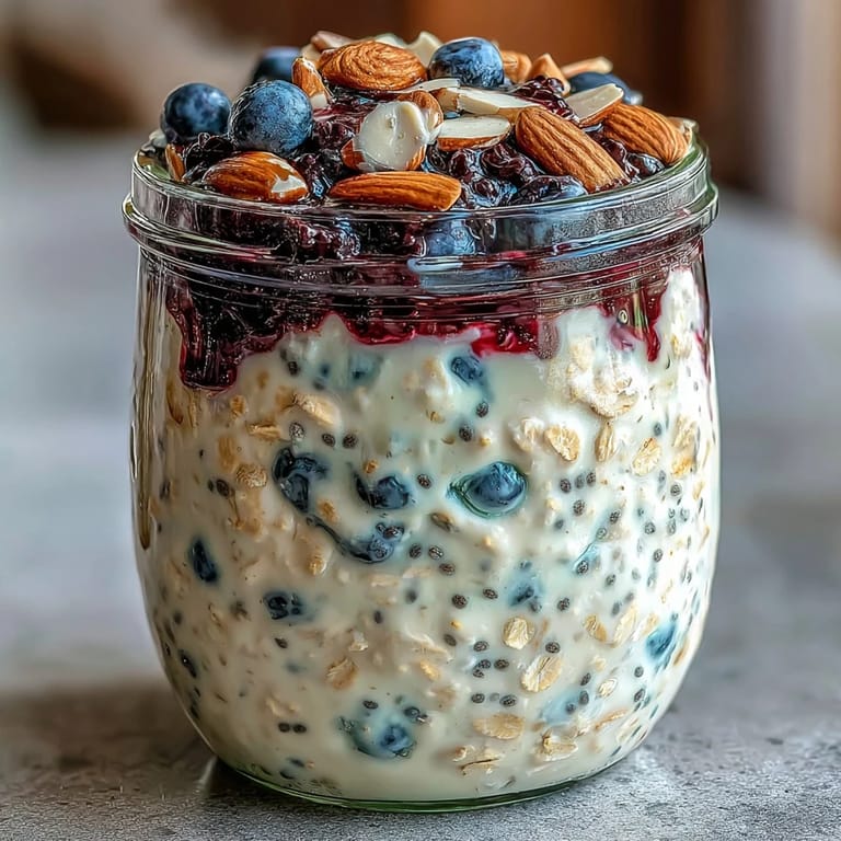 Make-ahead overnight oats meal prep jars with Greek yogurt, chia, and sweet blueberries for busy mornings.
