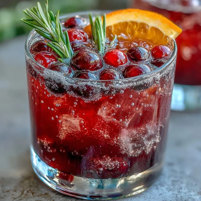Refreshing cranberry-orange mocktail with rosemary sprigs, served over ice with sparkling water for a festive brunch.