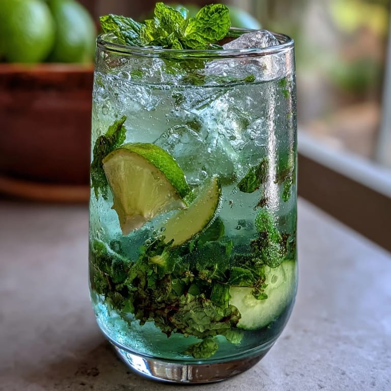Vibrant green mojito mocktail showcasing muddled mint, fresh lime, and cucumber, served over ice with a splash of sparkling water.
