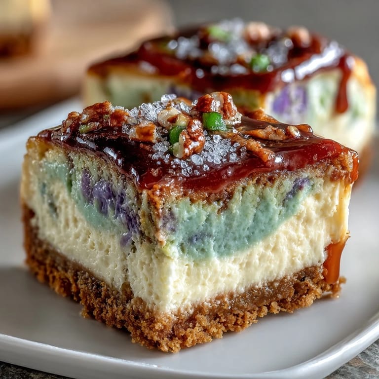 Creamy cheesecake bars with festive Mardi Gras colors marbled over a buttery cinnamon crust, topped with sweet vanilla icing.
