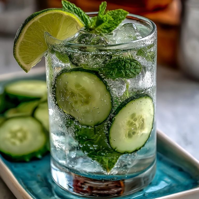 Crisp cucumber slices and fresh mint leaves float in chilled sparkling water with a hint of lime.