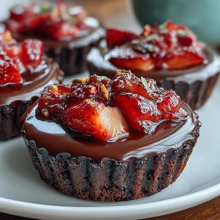 Elegant chocolate cups with fresh strawberries and crunchy pistachios, finished with rosewater and orange zest for a fragrant, gourmet dessert experience.