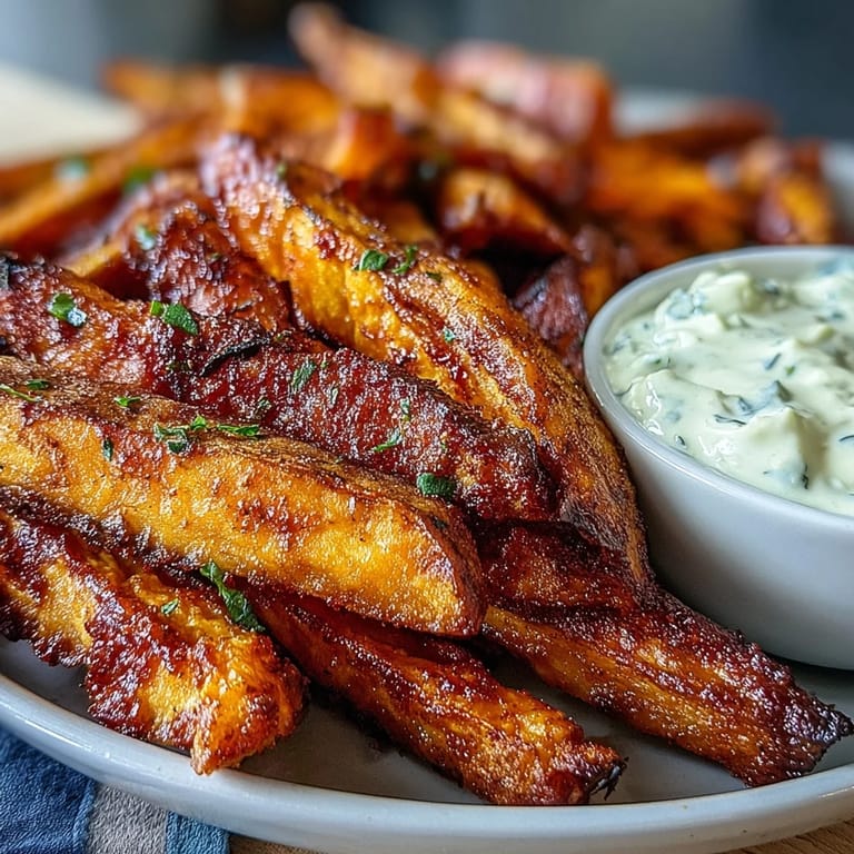 Air fryer sweet potato fries with a smoky paprika kick, served hot with a rich, tangy garlic aioli dip.