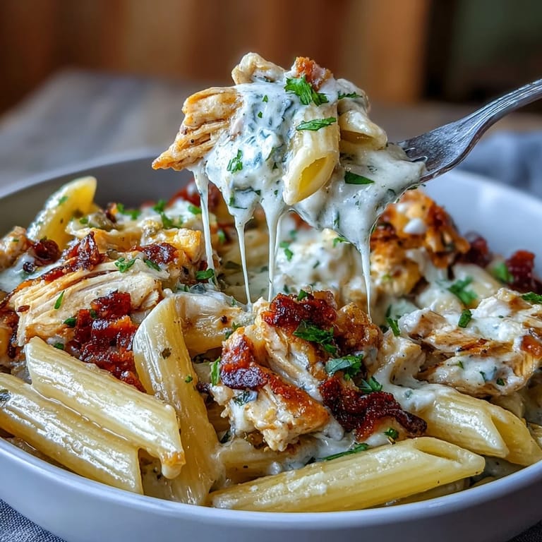 Mississippi Chicken Pasta featuring shredded chicken, tangy pepperoncini, and luscious cream sauce over al dente pasta.